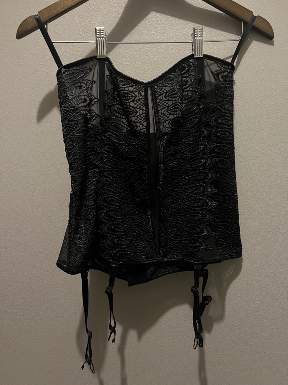 Black Corset Bustier with Boning Garter Clips Sheer Embroidered Sexy Lingerie 🌶️